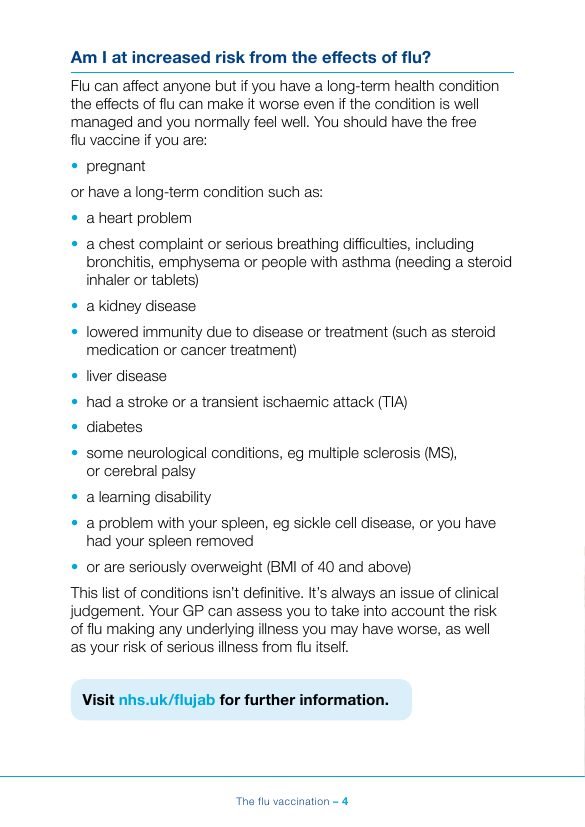 Page 4 of the leaflet: a long list of people who should have the vaccine, in small print.