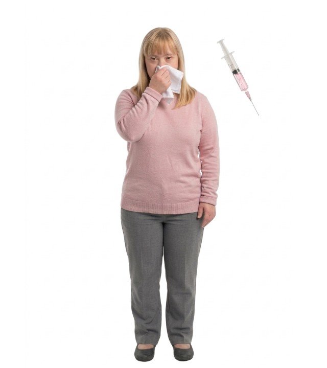 A real-looking picture from the message: a woman holding a tissue to her nose.