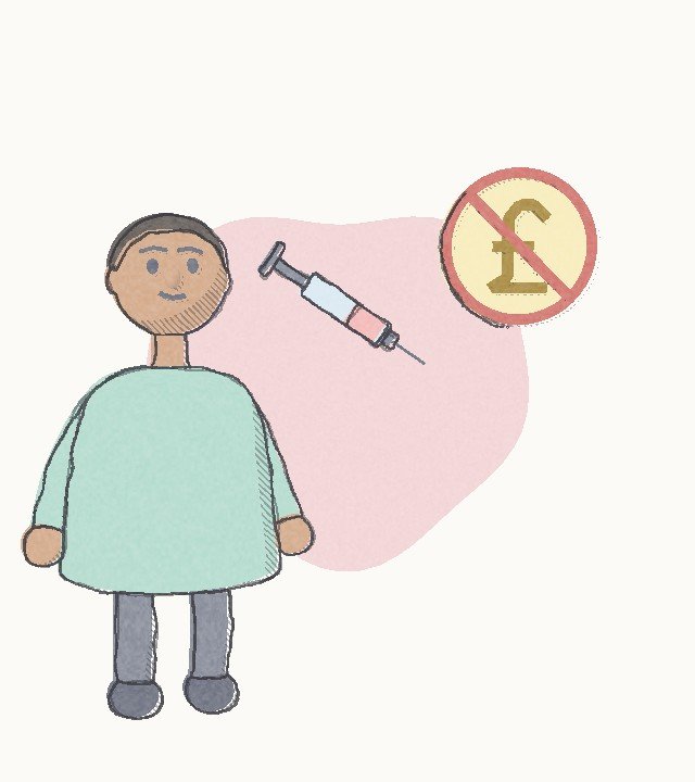 Page 8: a man with a syringe and a sign that says free.